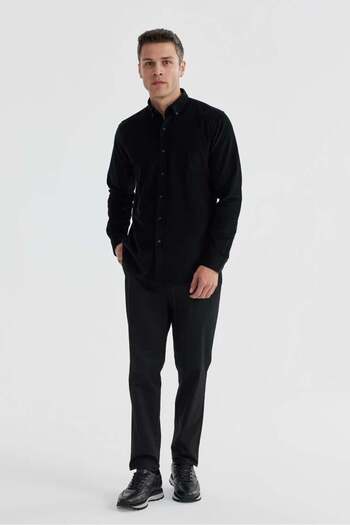Jakamen Black Comfort Fit Buttoned Collar 100% Cotton Velvet Shirt