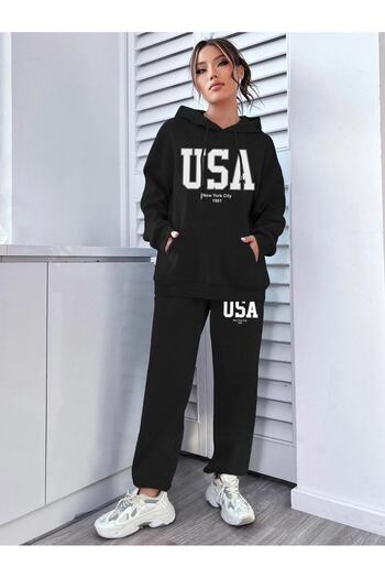 Mythologie USA Hooded Combination Bottom Top Tracksuit Set - Black Printed Oversize Rubber Legs