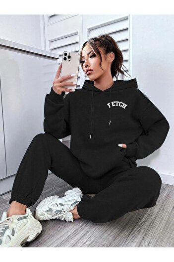 Mythologie Hooded Combination Bottom-Top Tracksuit Set - Black Printed Oversize Rubber Legs