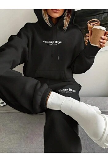 Mythologie Hooded Combination Bottom-Top Tracksuit Set - Black Printed Oversize Rubber Legs