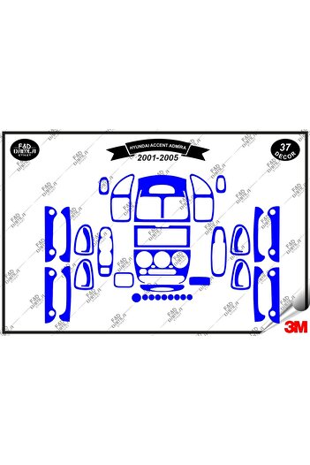 FD Damla Etiket pentru Hyundai Accent Admira 2001-2005 Decorație albastră pentru consola torpedo - Set de 37 de piese din furnir de mahon