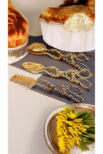 CHANCE GİFT Luxury Retro Design 3-Piece Presentation Serving Tongs Set - Spoon/ Tongs/ Fork