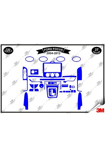 FD Damla Etiket Ford Focus 2004-2012 Decorație albastră pentru consola torpedo - Set de 37 bucăți din furnir de mahon