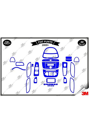 FD Damla Etiket Fiat Punto 2009 Blue Torpedo Console Trim - Set de 30 de piese din furnir de mahon