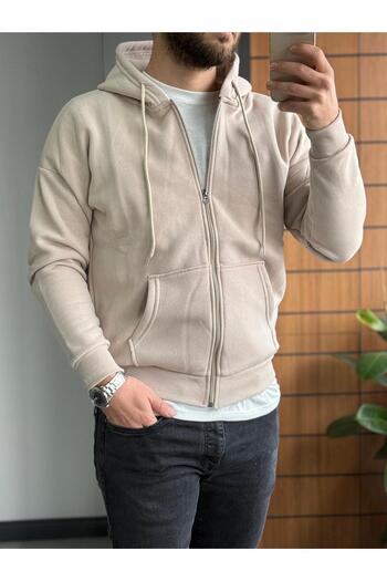 Altamira Men's Beige Zippered Hooded Oversize Cardigan