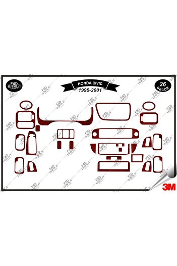 FD Damla Etiket Honda Civic 1995-2001 Consolă torpedo - Set de 26 bucăți din furnir de mahon