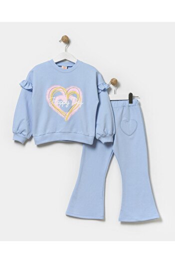 Magu Girl's Spanish Tights - Heart Patterned Cotton Sweatshirt and Bottom Set