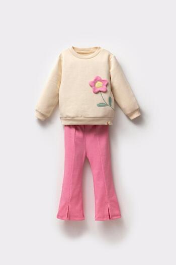 Magu Girl's Winter 3 Thread Floral Appliqued Cotton Sweatshirt Tights Top and Bottom Set