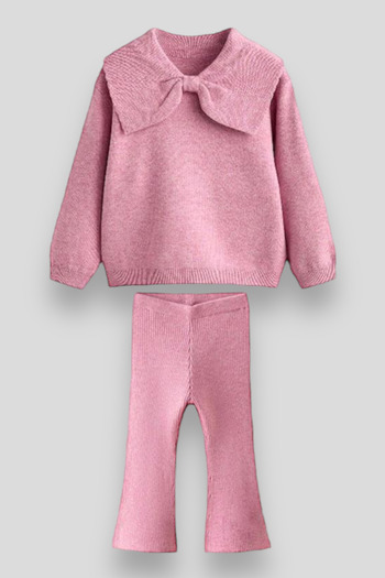 Magu Knitwear Bow Print Winter Cotton Sweatshirt Leggings Bottom-Top Set Girls