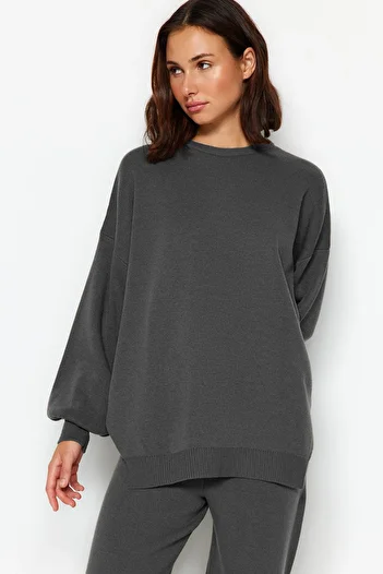 Trendyol Collection Anthracite Knitwear Suit with Balloon Sleeve Trousers - Wide Fit Twoaw24Au00067