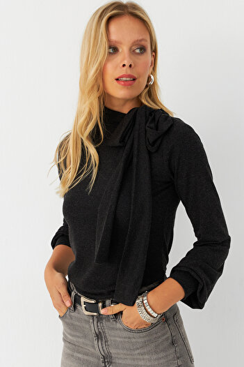 Cool & Sexy Women's Anthracite Neck Tie Blouse Ey2993