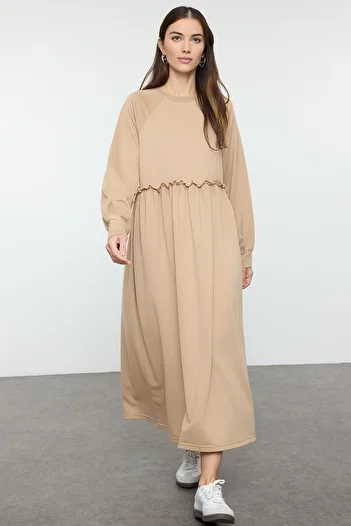 Trendyol Modest Mink Oversize Knitted Dress with Cutout Waist Tctss23Eb00307