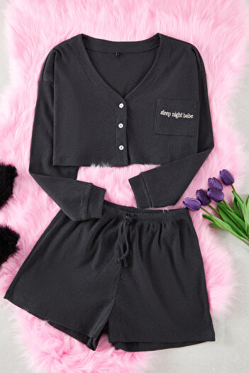 Trendyol Collection Anthracite Slogan Embroidered Ribbed Knitted Pajamas Set Thmaw22Pt0229