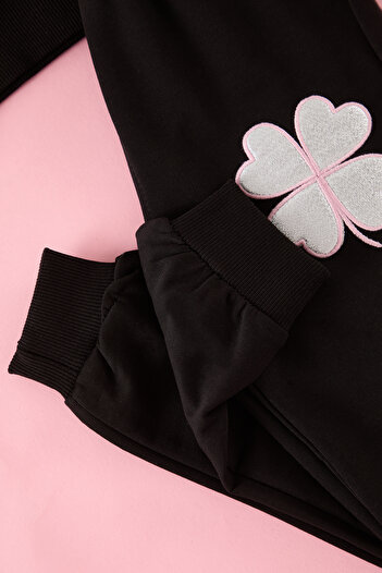 TRENDYOLKIDS Black Girls' Cotton Slogan Printed Knitted Sweatshirt Tracksuit Bottom-Top Suit Tkdaw25Au00027