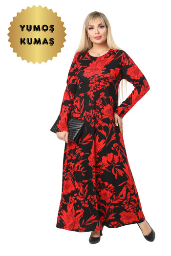 MELSAY Women's Winter Soft Fabric Red Leaf Pattern Long Sleeve Hijab Dress