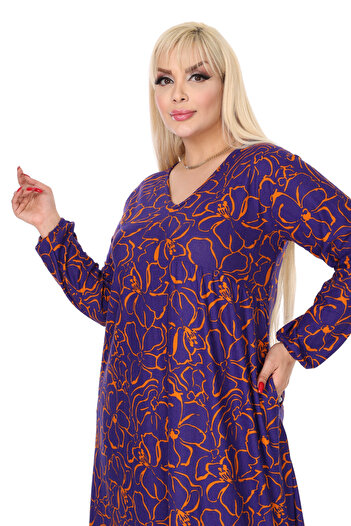 MELSAY Women's Winter V Neck Purple Flower Pattern Robe Dress
