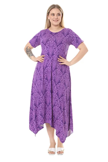 MELSAY Women's Purple Lace Pattern Asymmetrical Cut Short Sleeve Dress