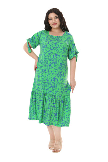 MELSAY Green Floral Pattern - Women's Plus Size Dress with Rope Tied Sleeves