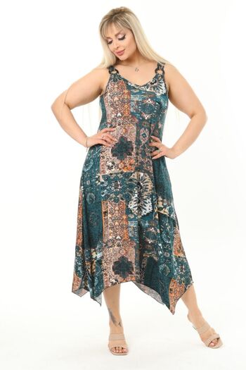 MELSAY Green Large Size Ethnic Patterned Strappy Women's Dress