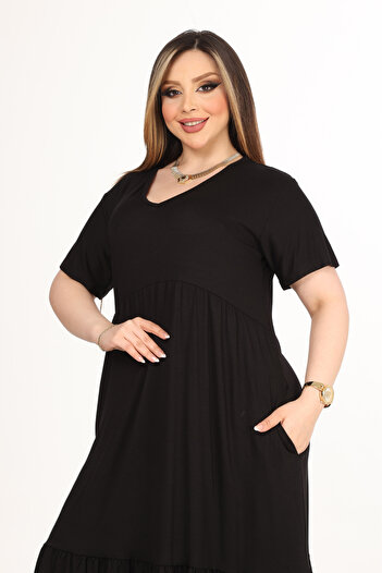 MELSAY Women's Black V-Neck Short Sleeve Ruffle Robe Dress