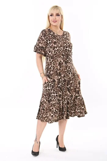 MELSAY Women's Plus Size Leopard Dress with Ruffle Detail on Sleeves and Skirt