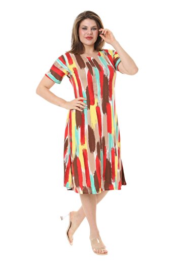 MELSAY Women's Plus Size Short Sleeve Yellow Oil Painting Patterned Midi Dress