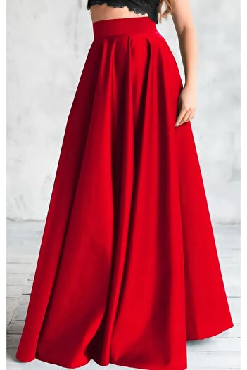 NSMLİFE Red High Waist A Pleat Pocket Satin Skirt