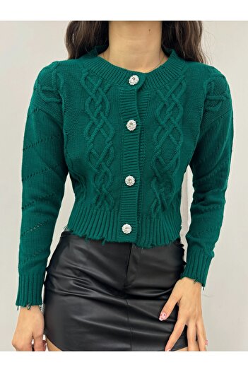 Modamorfo Emerald Stone Buttoned Ripped Cropped Cardigan