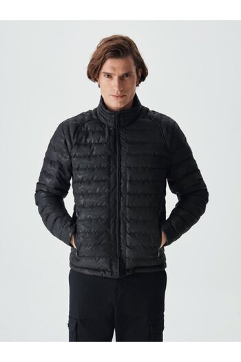 Ltb Short Patterned Stand Collar Black Coat