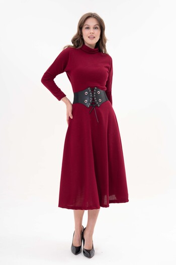 lovebox Burgundy Knitwear Midi Dress - Stretchy, Stand Collar, Long Sleeve and Belt 134