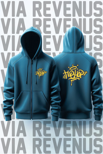 Vordevia Hip Hop Front and Back Printed Unisex Zip Hooded Petrol Blue Sweatshirt Cardigan