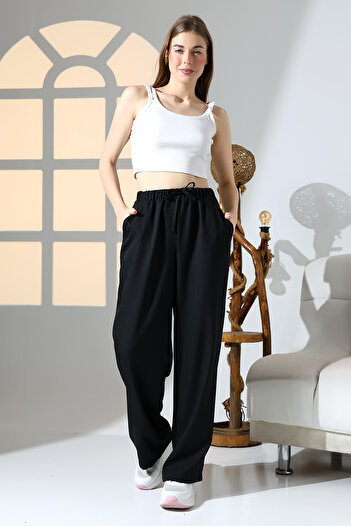 DİVİSTA Women's Black Color 100% Viscose Woven Trousers with Elastic Waist