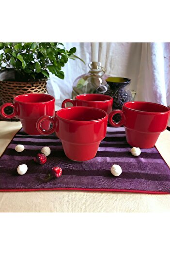 WPAWZ Espresso Ceramic Set of 4 Coffee Cups Red (105 Cc)