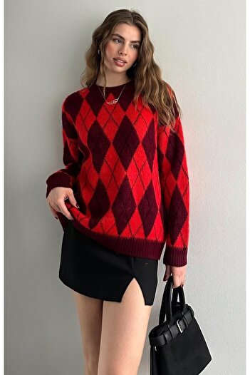 fujya Red Wully Knitwear Sweater - Crew Neck, Plaid Print and Raster