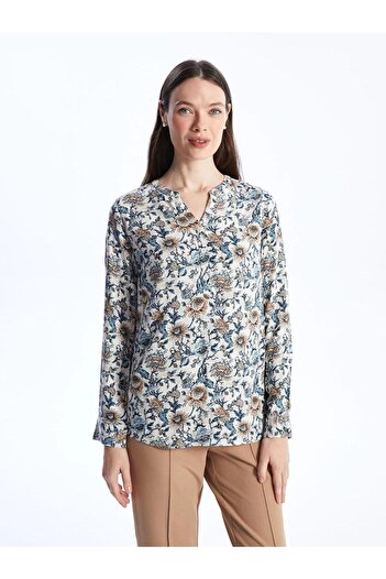 LC Waikiki Lcw Grace Ecru Printed 2 Skirt Collar Floral Long Sleeve Women's Blouse (S4)