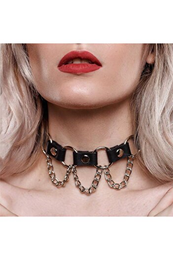 Köstebek Ring Leather Collar with Chain Detail