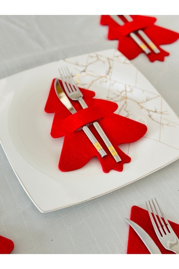 Karter İnovasyon Red Pine Tree Cutlery Holder, Christmas Table Decor, Pine Tree Cutlery Holder for 6 People