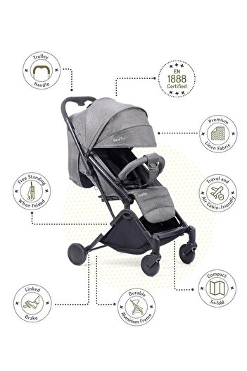 Bonfino Bonfino Feather Lite Compact Tri-fold Cabin Stroller, Grey Linen Fabric, Adjustable Canopy - Grey
