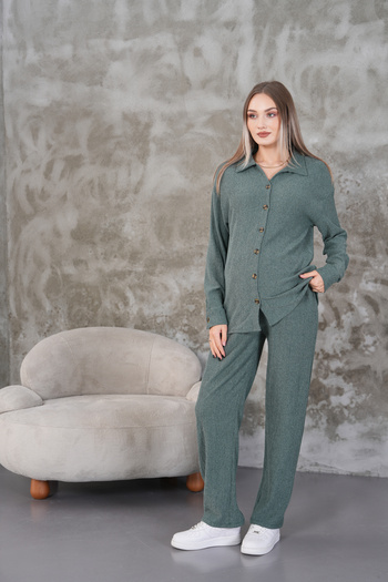 Miss Dünya Lissa Pregnant and Maternity Bottom Top Set with Front Button Shirt Collar Winter Wrapped Fabric Pockets