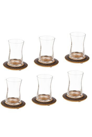 Dania A tea set of 6 clear glass tea cups and 6 wooden saucers with distinctive modern engravings