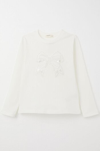 Breeze T-Shirt for Girls Ages 8-14 - Long Sleeve, Butterfly Print and Pearls, Ecru