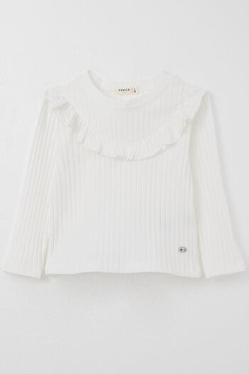 Breeze 3-8 Years Old Girl's Ecru Long Sleeve T-Shirt Collar Ruffled Emblem