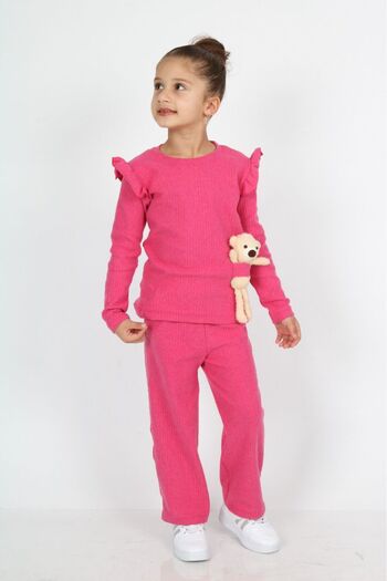 renkli diyar Girl's Top and Bottom Set Long Sleeve Blouse Loose Flared Leg Pants and Teddy Bear Set