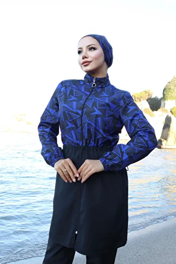 new ats Spring Patterned 3-Piece Hijab Swimsuit with Adjustable Elastic Waist
