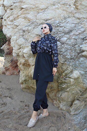 new ats Σετ 3 Μαγιό Hijab - Μοτίβο άγκυρας, ελαστικό ρυθμιζόμενο στη μέση, μαύρο μπλε