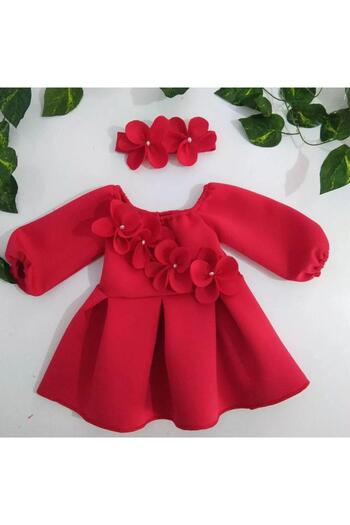 Magu Girl's Red Diver Fabric Floral Long Sleeve Bandage Dress