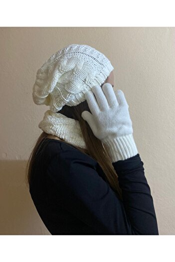 sema aksesuar Women's White Knitted Beret, Scarf and Gloves Set Set - Valentine's Day Winter Set of 3