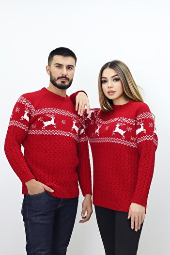 KURGAN TEKSTİL Crew Neck Long Sleeve Christmas Themed Lover Combination Knitwear Sweater