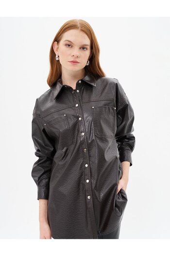Kayra Dark Brown Faux Leather Snap Jacket