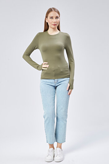 Maison La Femme Khaki Crew Neck Basic Long Sleeve Body with Finger Snap Detail